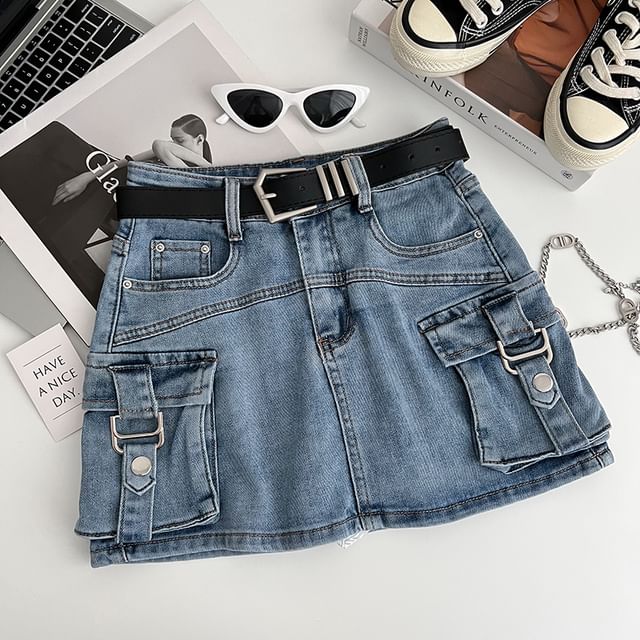 High Waist Mini Denim Cargo Skort