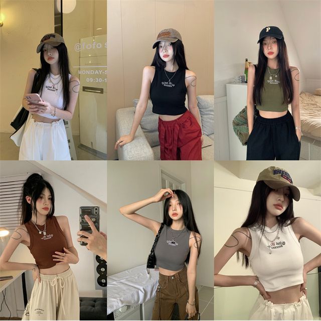 Embroidered Top Neck Letter Tank Crop Crew