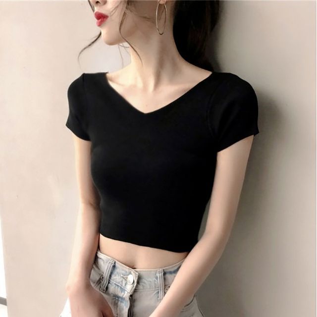 Plain T-Shirt Short-Sleeve Cropped V-Neck