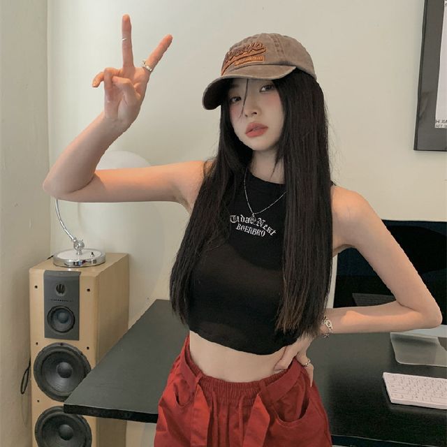 Embroidered Top Neck Letter Tank Crop Crew