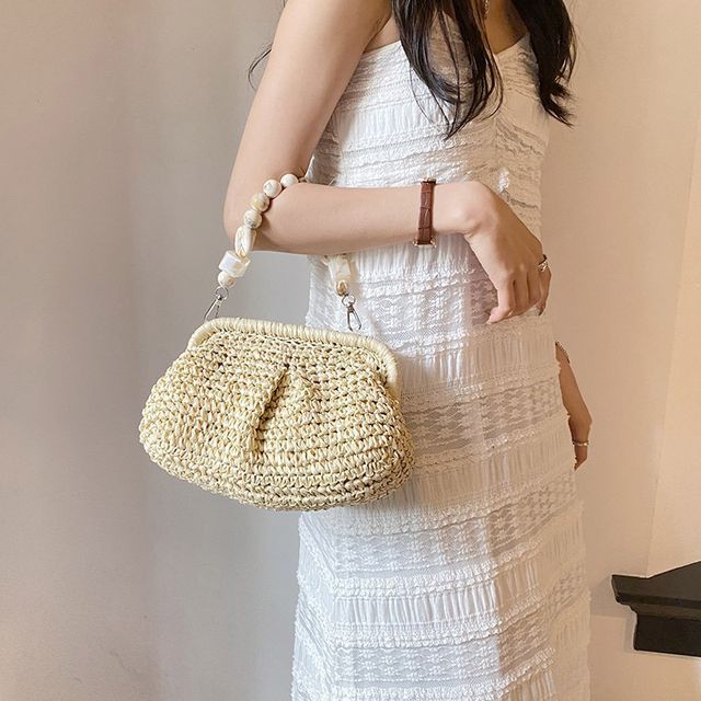 Strap Bead Straw Handbag