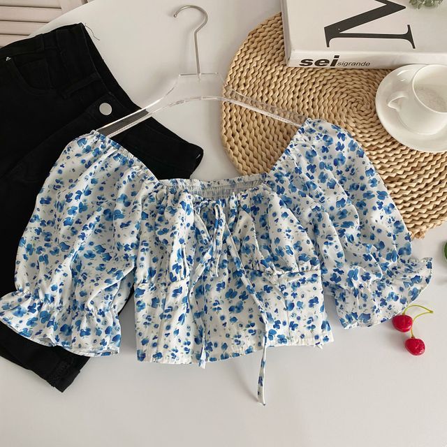 Puff-Sleeve Off Shoulder Crop Blouse