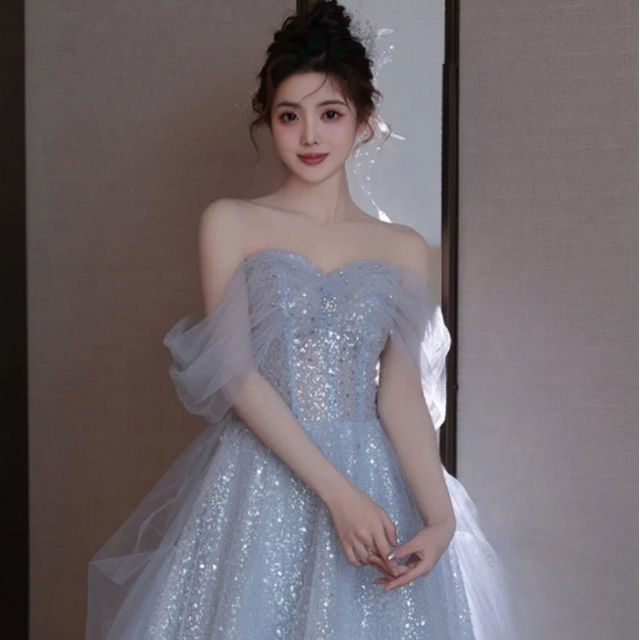 Evening Gown Midi Cold Glitter A-Line Shoulder