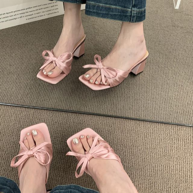 Slide Sandals Bow Heel Chunky