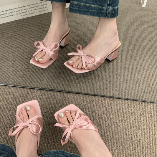 Slide Sandals Bow Heel Chunky