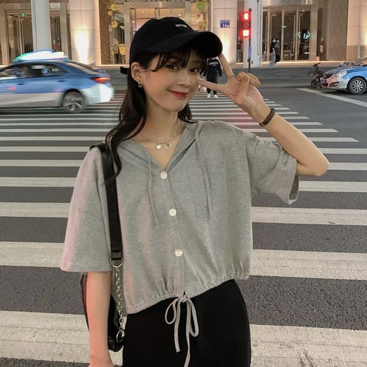 Hooded Plain Button-Up Short-Sleeve Cropped Tee