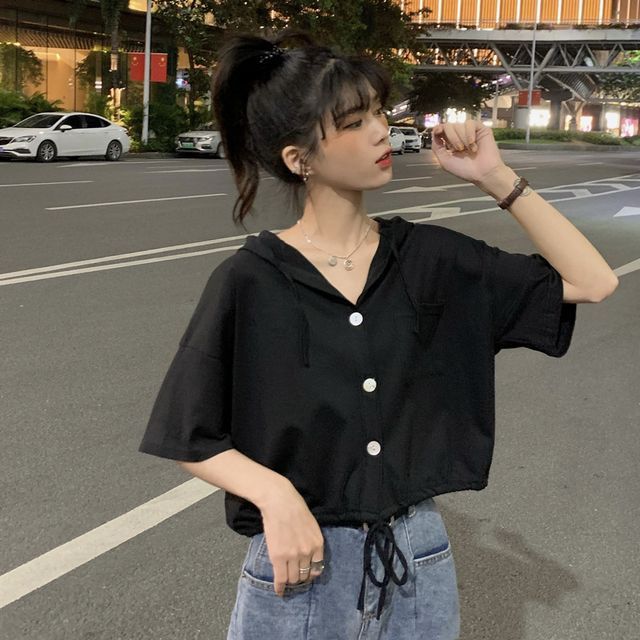 Hooded Plain Button-Up Short-Sleeve Cropped Tee