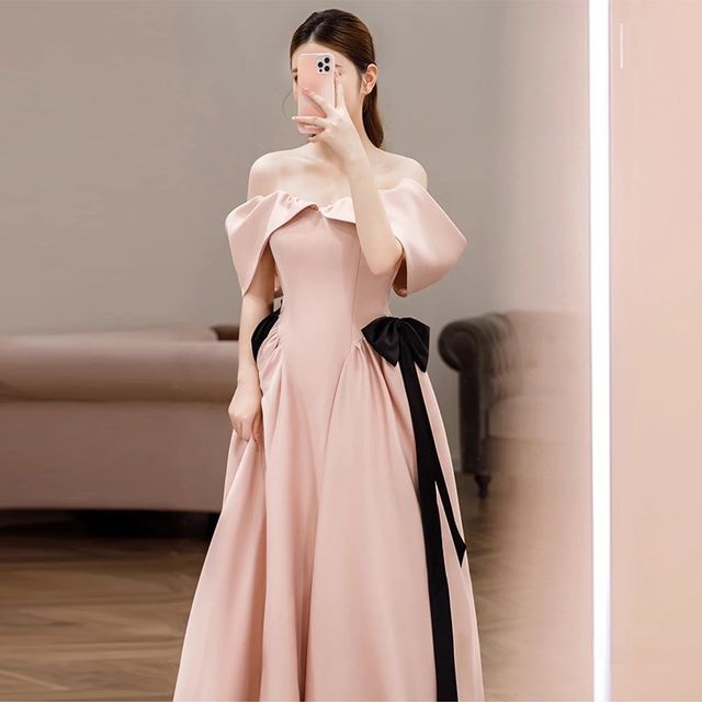 Cold-Shoulder Plain Bow A-Line Evening Gown