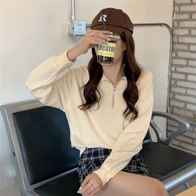 Plain Sweatshirt Polo-Neck Long-Sleeve Half-Zip