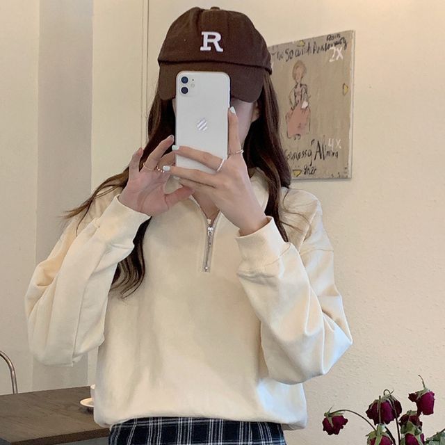 Plain Sweatshirt Polo-Neck Long-Sleeve Half-Zip