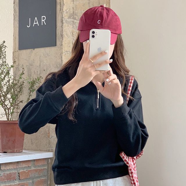 Plain Sweatshirt Polo-Neck Long-Sleeve Half-Zip