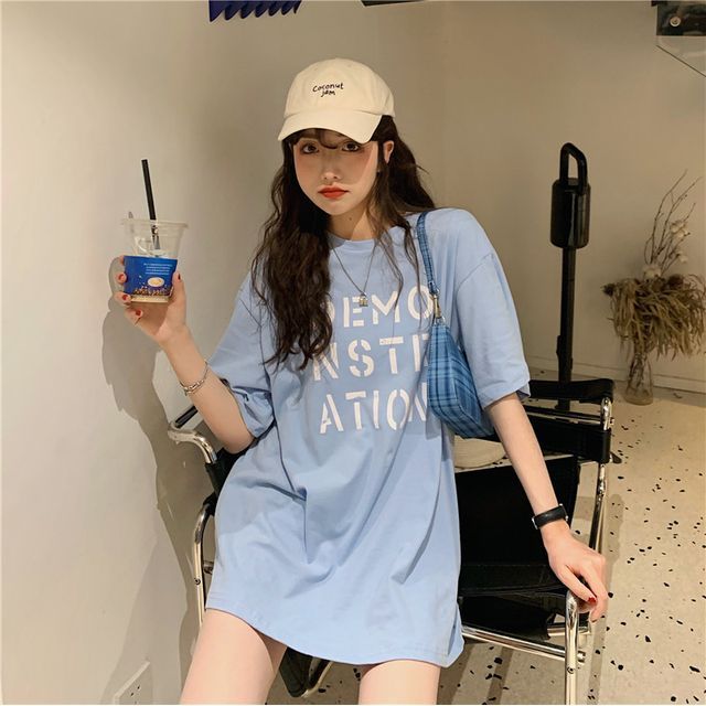 Neck Short-Sleeve Lettering Round Tee