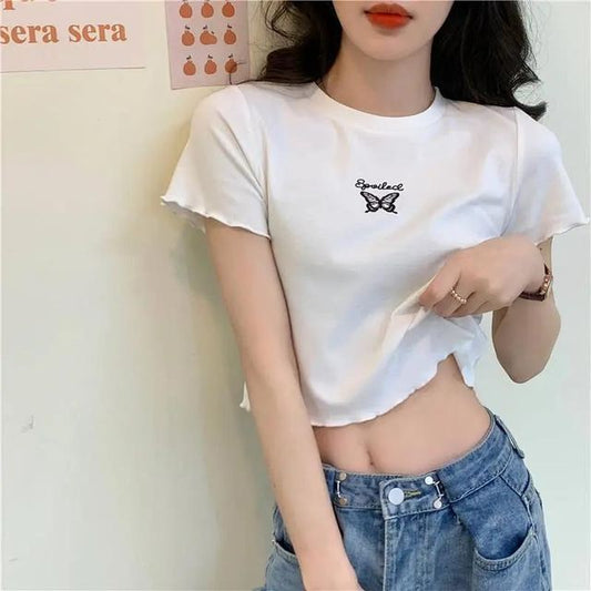 Short-Sleeve Edge Lettuce Embroidered Butterfly Neck T-Shirt Crop Crew