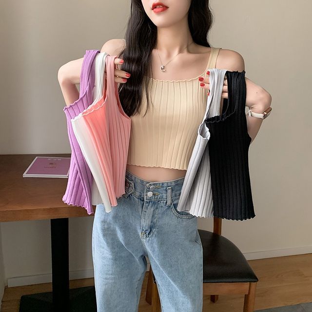 Square Tank Neck Top Ribbed Plain Crop Knit