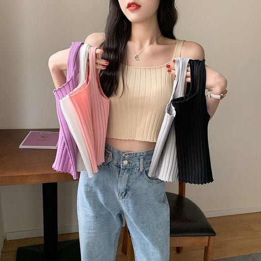 Square Tank Neck Top Ribbed Plain Crop Knit
