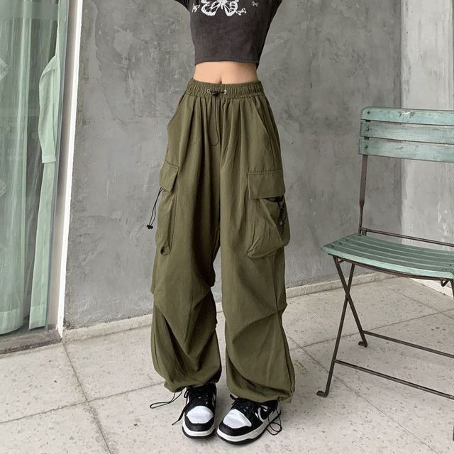 Wide Pants Plain Cargo Drawstring Leg Waist