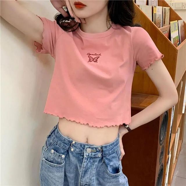 Short-Sleeve Edge Lettuce Embroidered Butterfly Neck T-Shirt Crop Crew