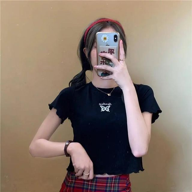 Short-Sleeve Edge Lettuce Embroidered Butterfly Neck T-Shirt Crop Crew