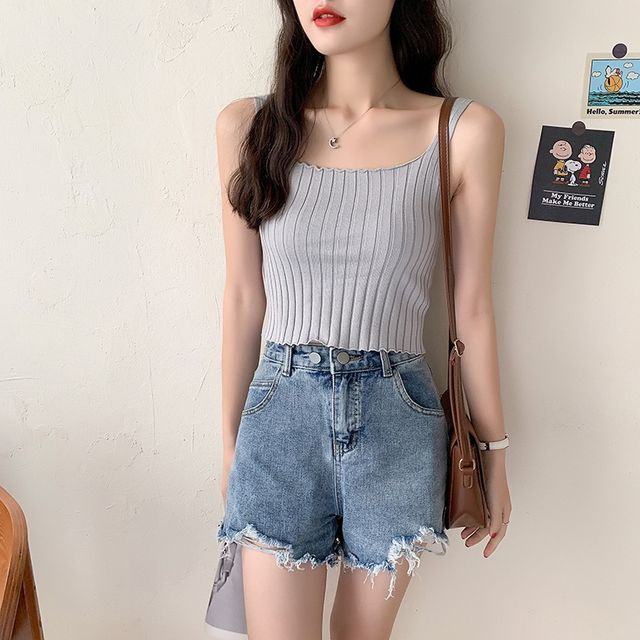 Square Tank Neck Top Ribbed Plain Crop Knit