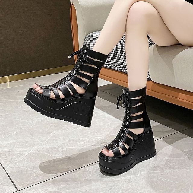 Heel Lace-Up Wedge Sandals Platform Gladiator