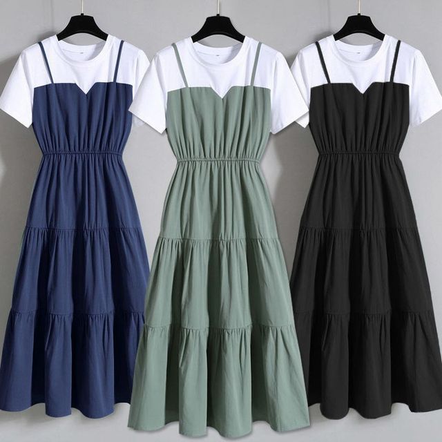 A-Line Mock Tiered Short-Sleeve Midi Two-Piece Crew Neck Dress