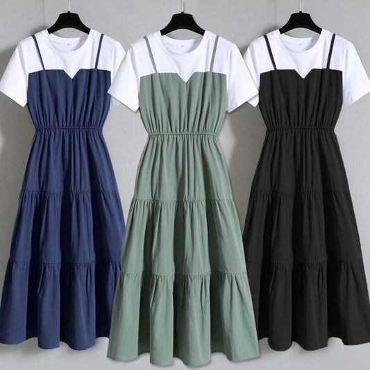 A-Line Mock Tiered Short-Sleeve Midi Two-Piece Crew Neck Dress