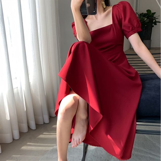 Midi Square Short-Sleeve Dress A-Line Neck Plain