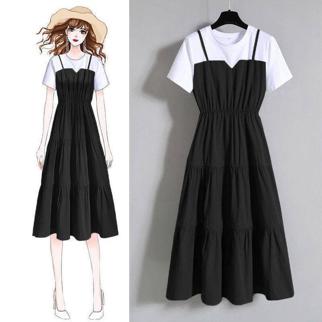 A-Line Mock Tiered Short-Sleeve Midi Two-Piece Crew Neck Dress