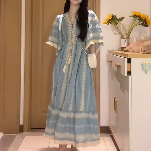 A-Line V-Neck Embroidered Midi Panel Dress Elbow-Sleeve Tassel