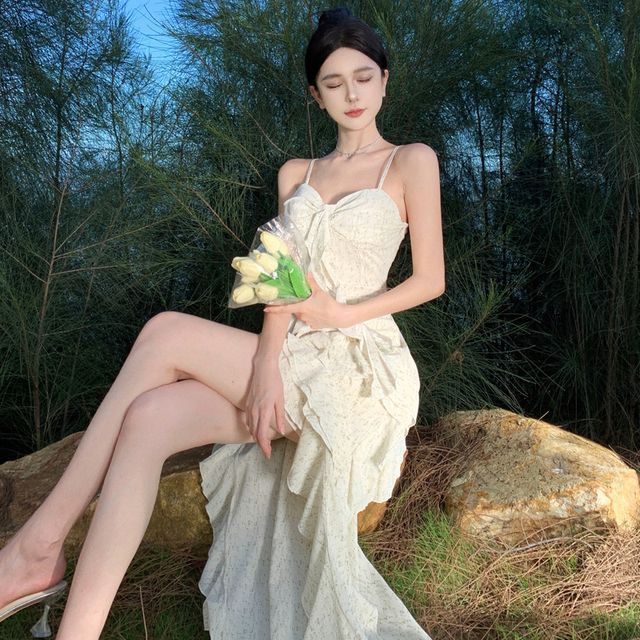 Floral Ruffle Maxi A-Line Spaghetti Dress Trim Strap