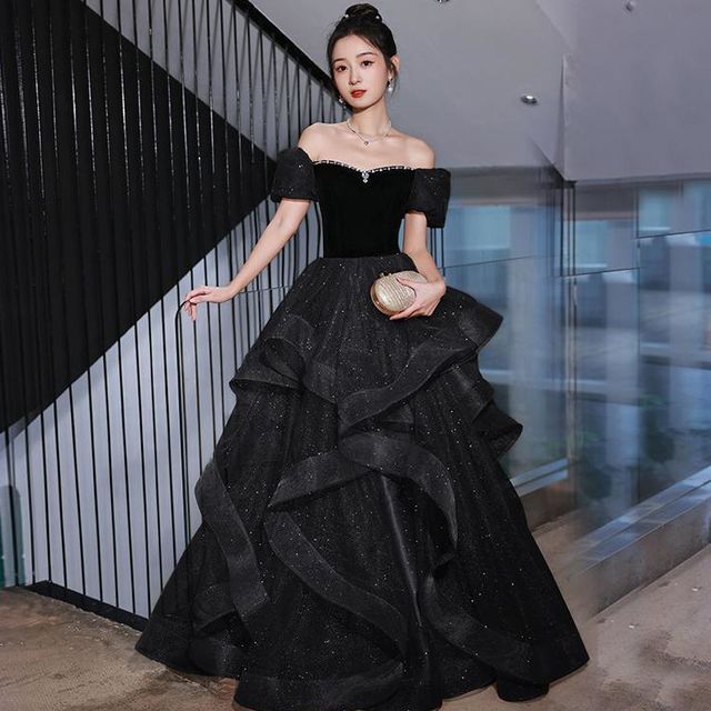 Short-Sleeve Off Rhinestone Glitter Shoulder A-Line Gown Panel Evening Ruffle Velvet