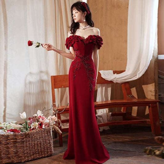 Ruched Evening Beaded Gown Plain Panel Off Mesh Mermaid Short-Sleeve Shoulder