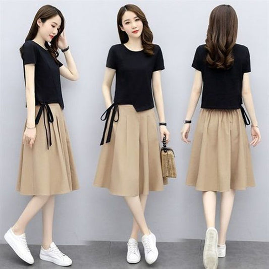 Set: Skirt Neck Midi Elastic T-Shirt Waist Round + Plain Short-Sleeve A-Line