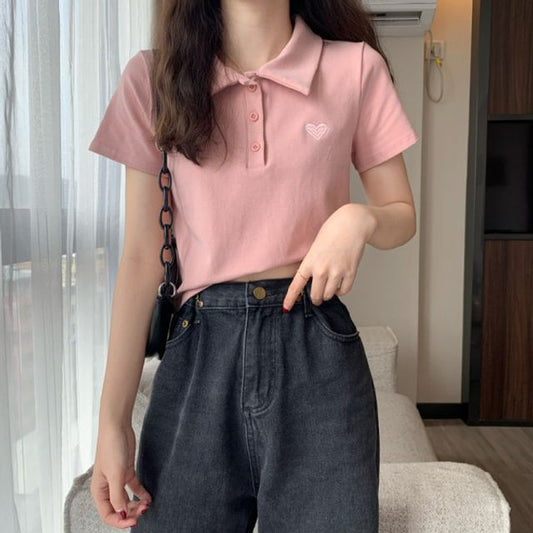 Short-Sleeve Polo Shirt Heart Embroidered