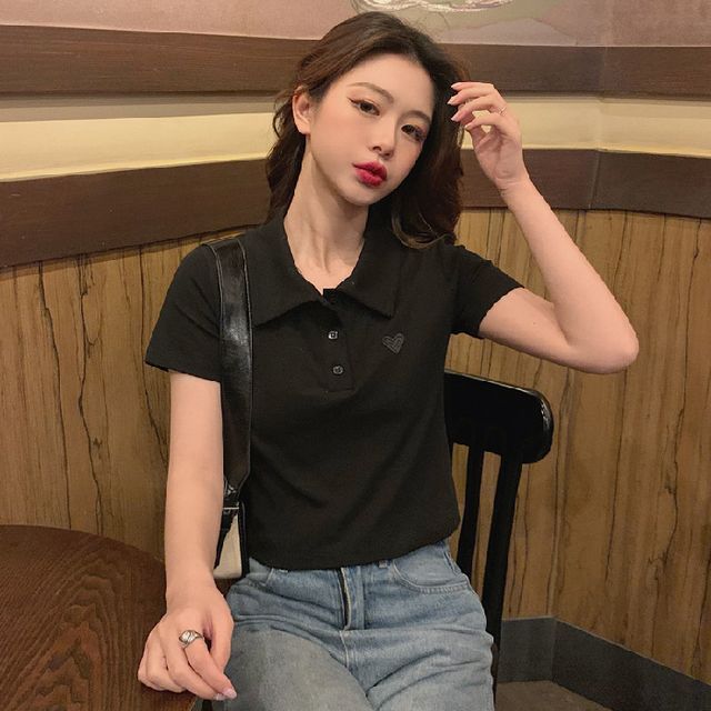 Short-Sleeve Polo Shirt Heart Embroidered