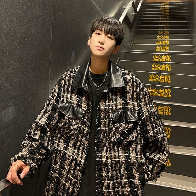 Collared Panel Faux Leather Tweed Button Jacket