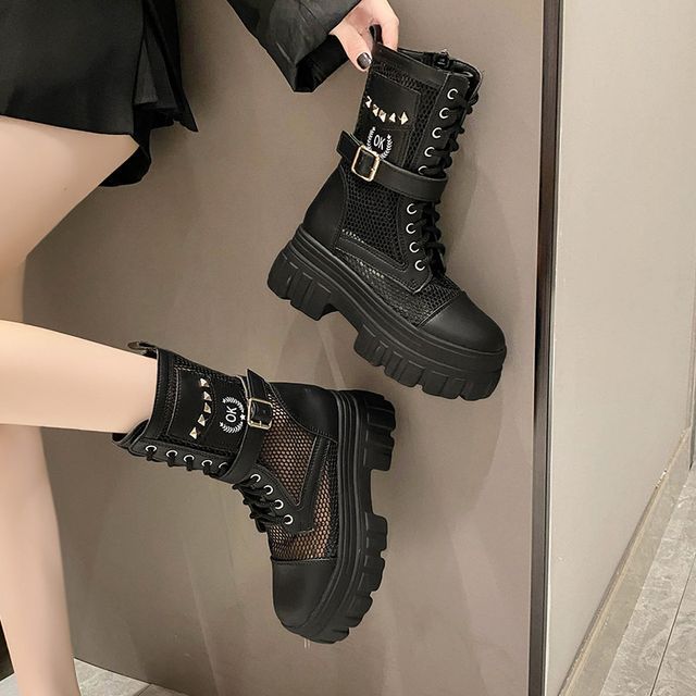 Studded Platform Panel Lace-Up Short Mesh Boots