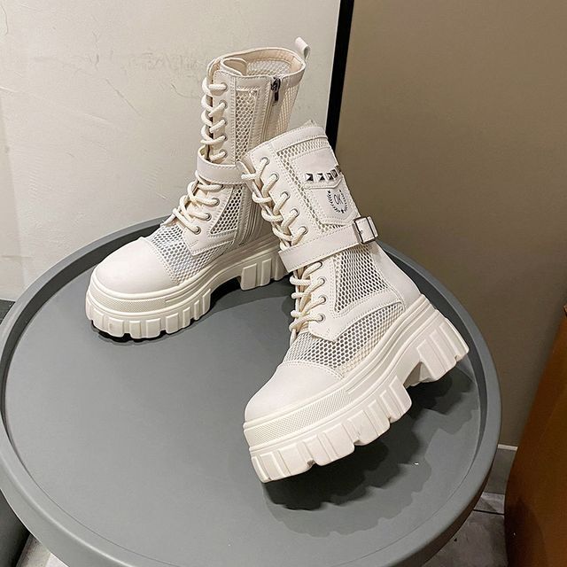 Studded Platform Panel Lace-Up Short Mesh Boots