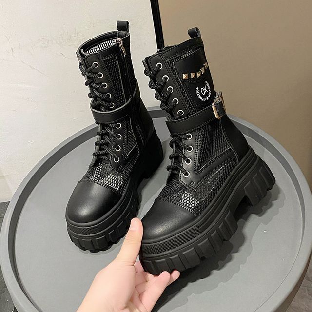 Studded Platform Panel Lace-Up Short Mesh Boots