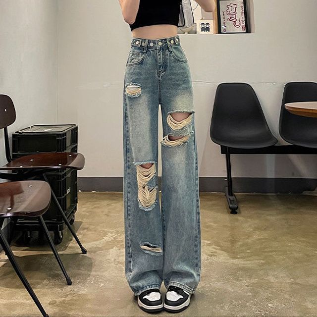 High Waist Washed Ripped Wide Leg Jeans / Mid Waist Plain Denim Shorts (Various Designs)