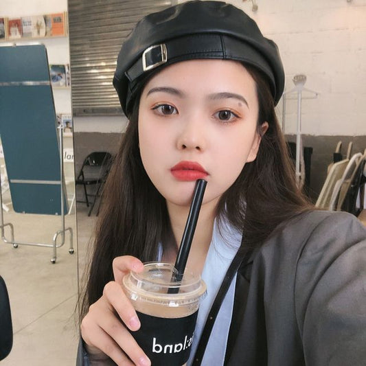 Leather Faux Buckled Beret