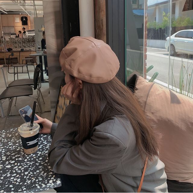 Leather Faux Buckled Beret