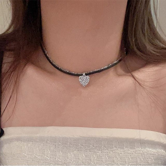 Necklace Heart Leather Cord Rhinestone Faux
