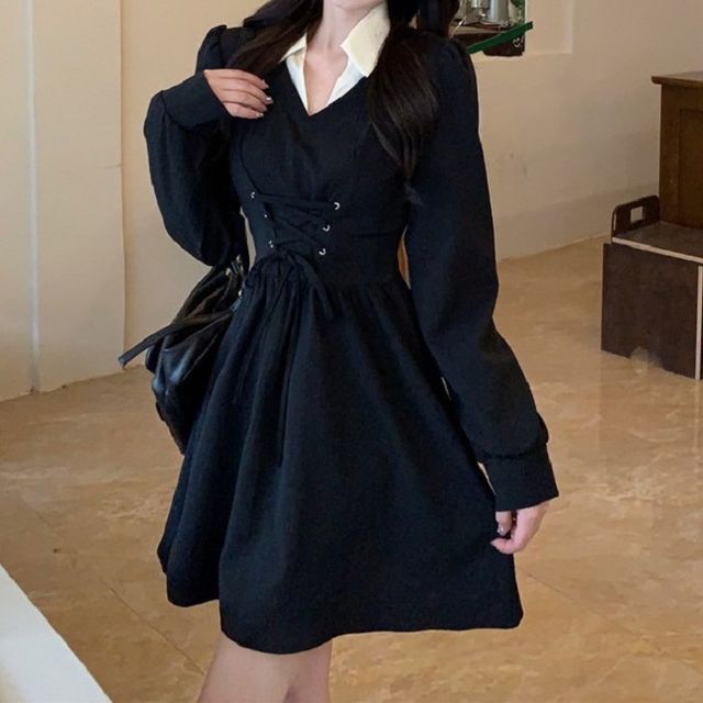 Contrast Collar Mini A-Line Puff-Sleeve Lace-Up Two-Piece Mock Dress