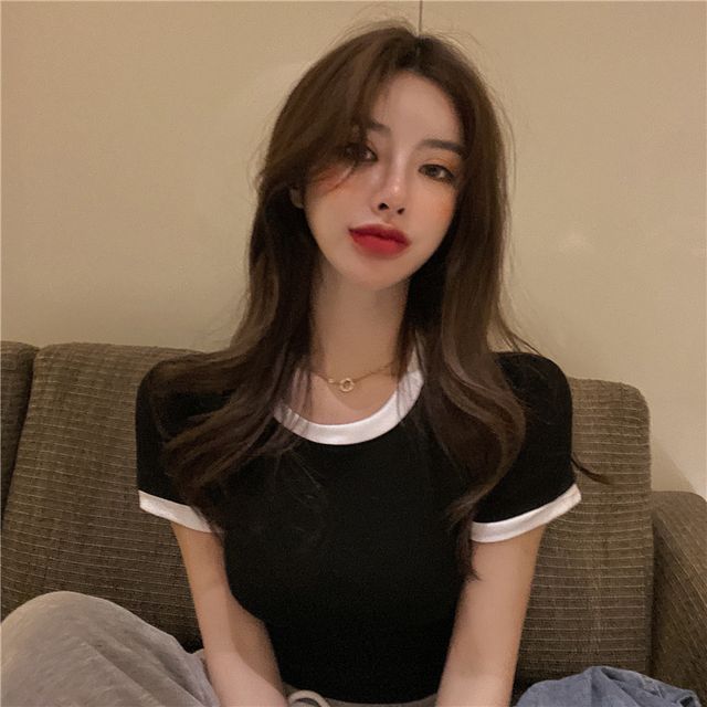 Trim Neck Short-Sleeve Crew Cropped Plain Contrast Tee