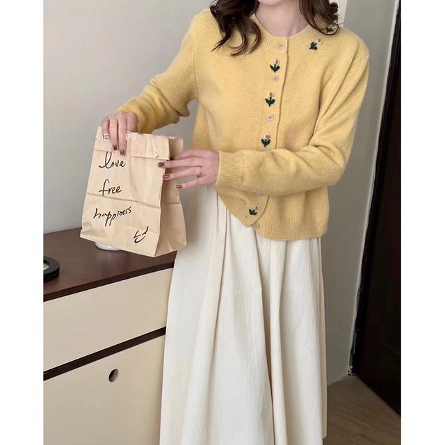 Neck Floral Crew Cardigan Plain