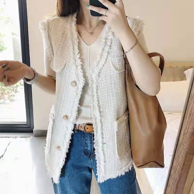 V-Neck Tweed Tassel Trim Button-Up Vest