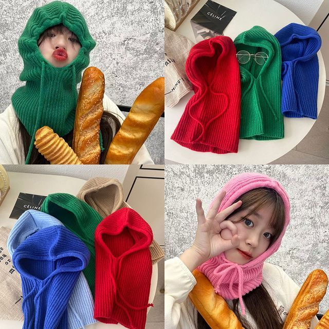 Drawstring Balaclava Plain Knit