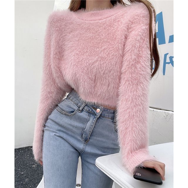 Plain Neck Sweater Round Cropped