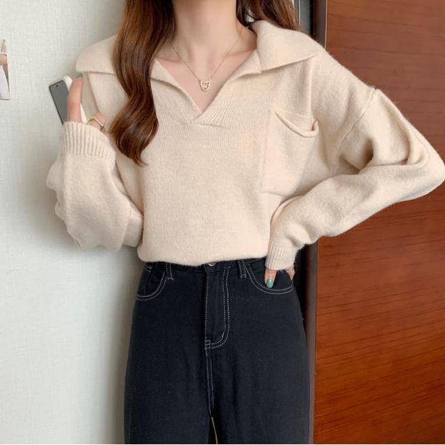 Plain Sweater Loose-Fit V-Neck
